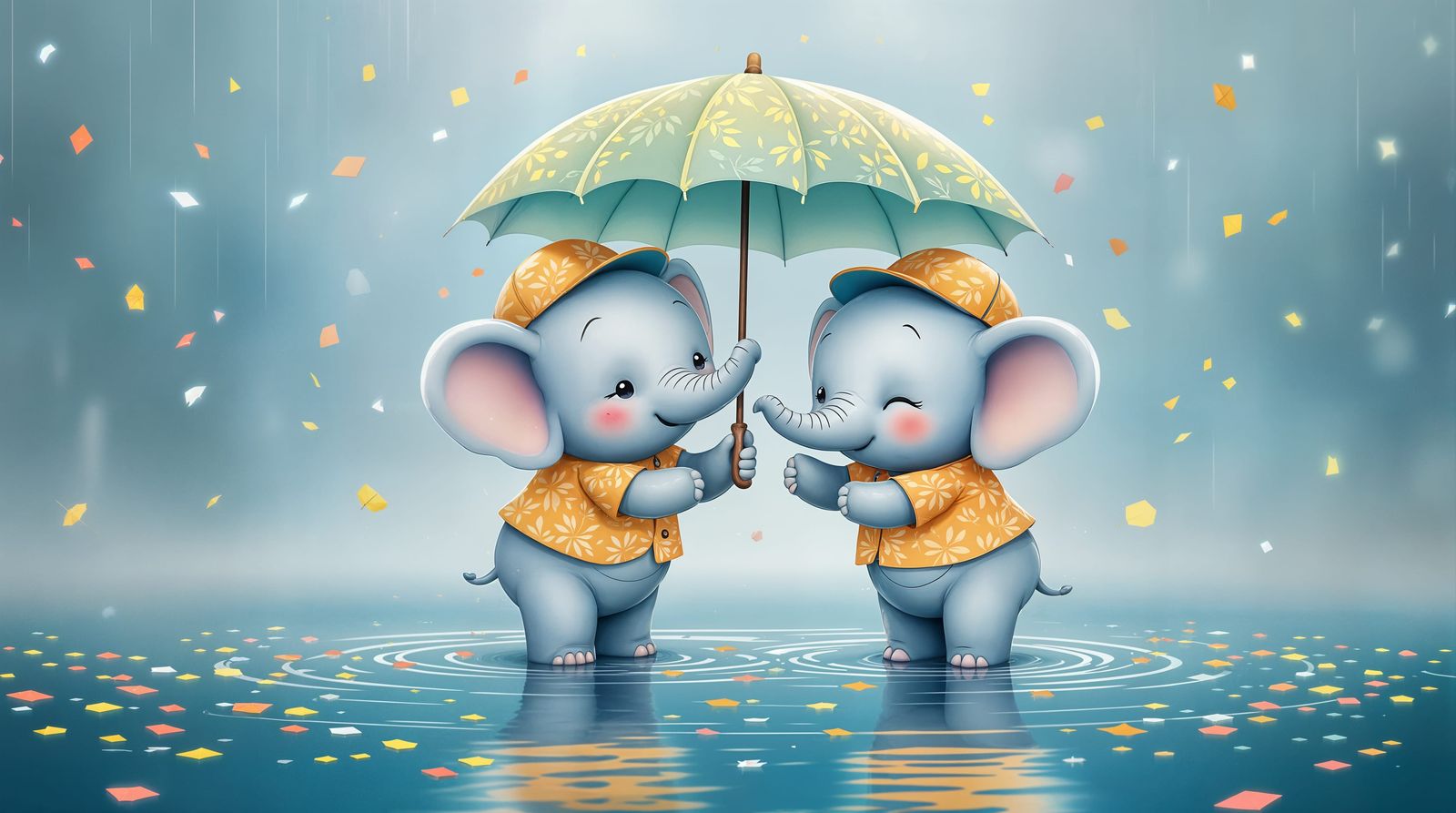 Surreal Cartoon Elephants Share Umbrella in Whimsical Rainy ...