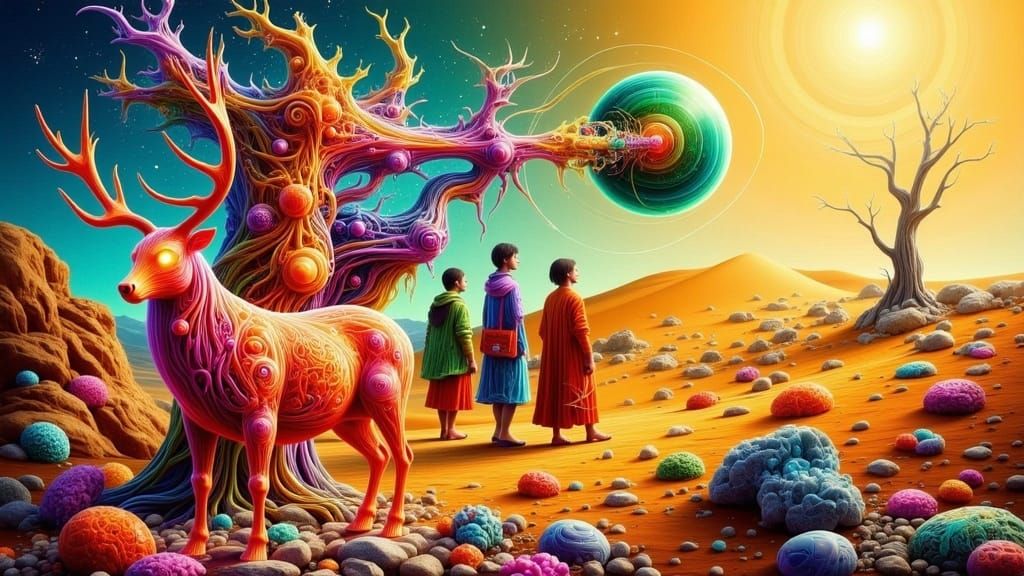 Dreamlike Desert Landscape with Glass Deer and Ethereal Orb