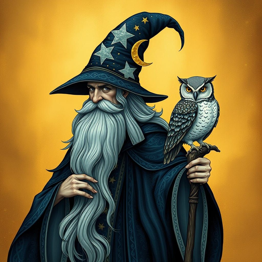 Celestial Wizard and Owl with Enchanted Starlight