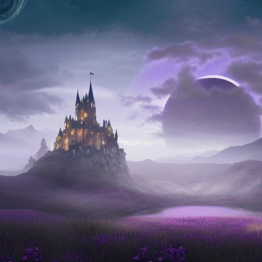 Mystical Castle with Woman in Fantasy Landscape