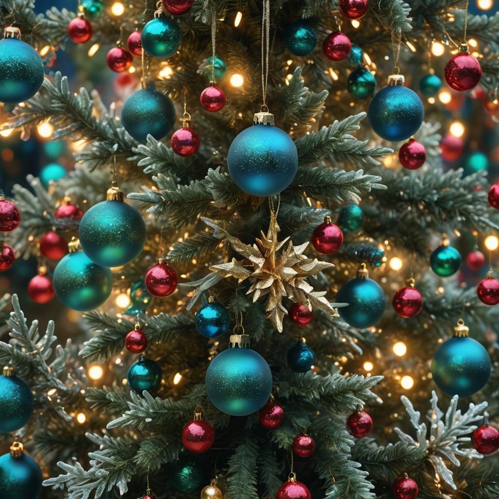 Ornate Christmas Tree Decorations in Snowy Winter Scene