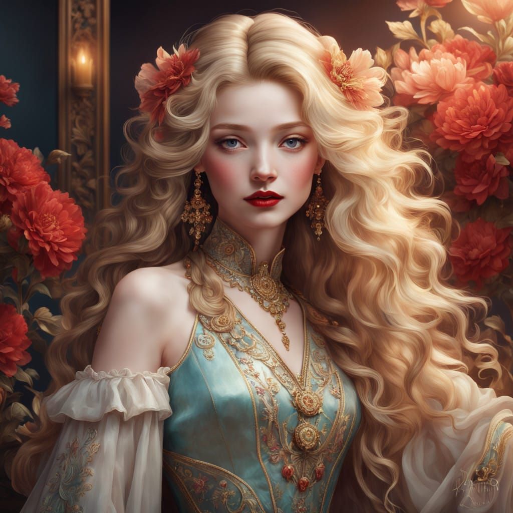 Regal Woman in Luxurious Ballgown with Neon Hair Glow