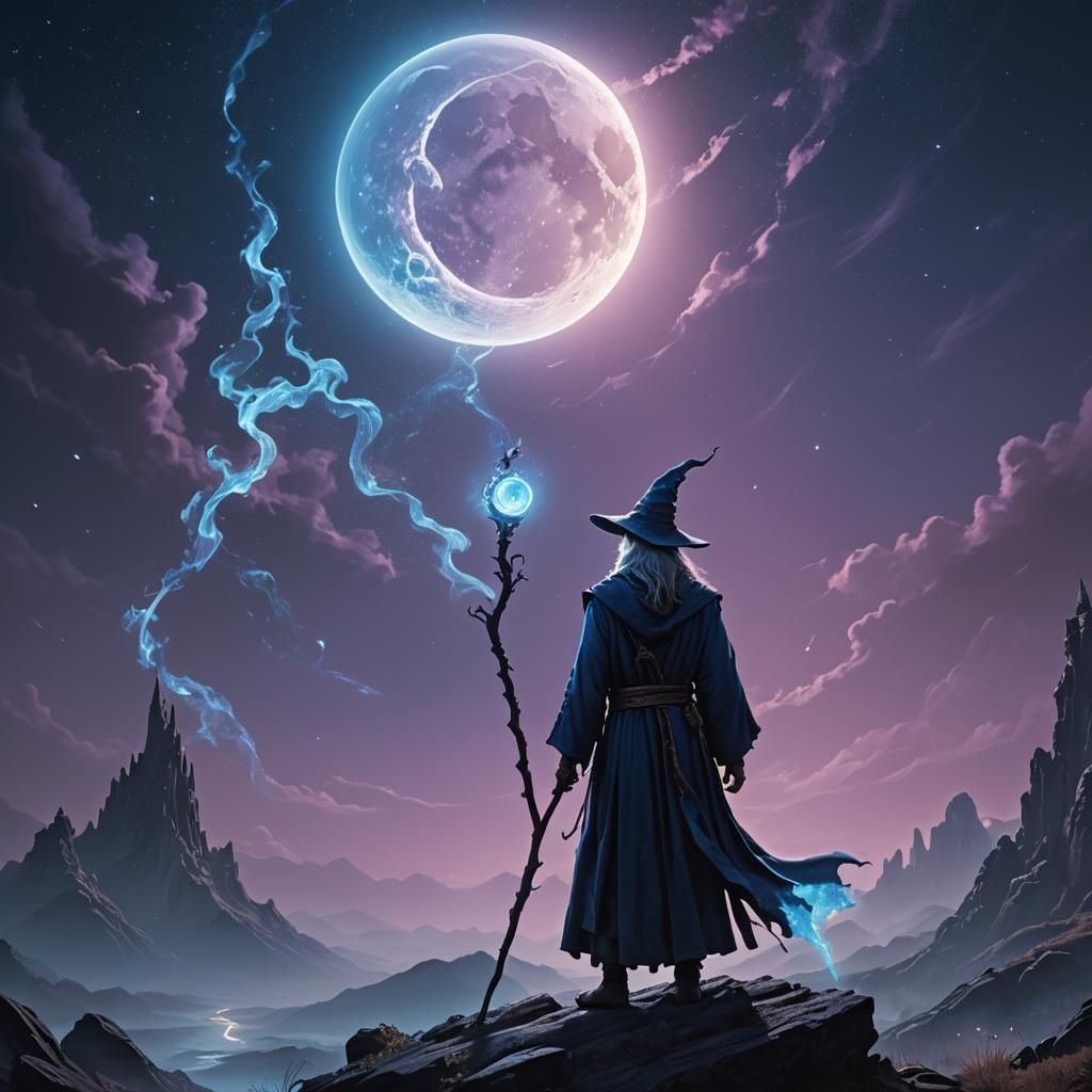 Moonlight Wizard with Dragon Silhouette in Digital Painting
