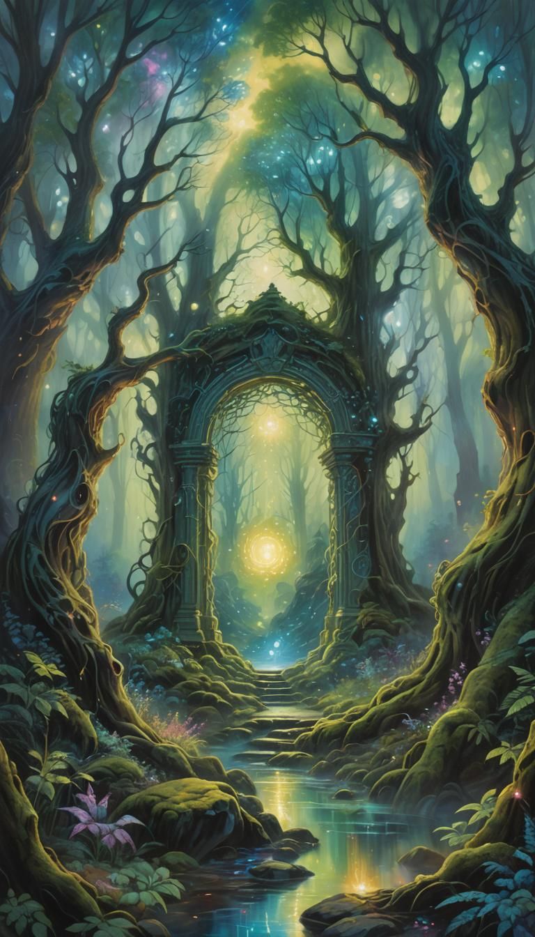 Mystical Forest Portal in Dreamlike Oil Painting