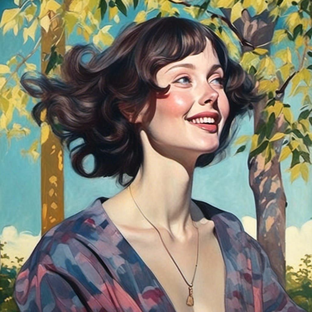 Joyful Trans Woman on a Swing in Retrofuturist Style