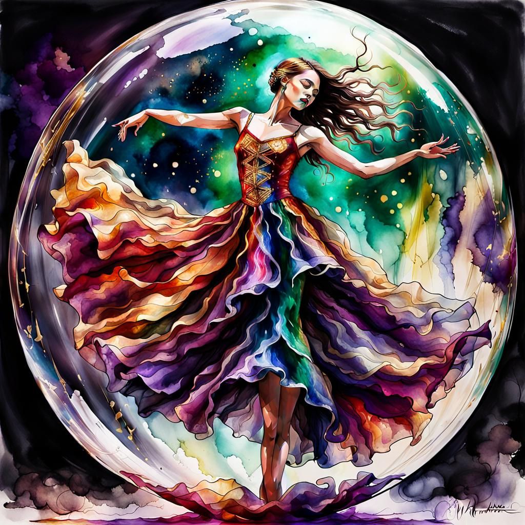 Encapsulated Salsa Dancer in Watercolor and Ink