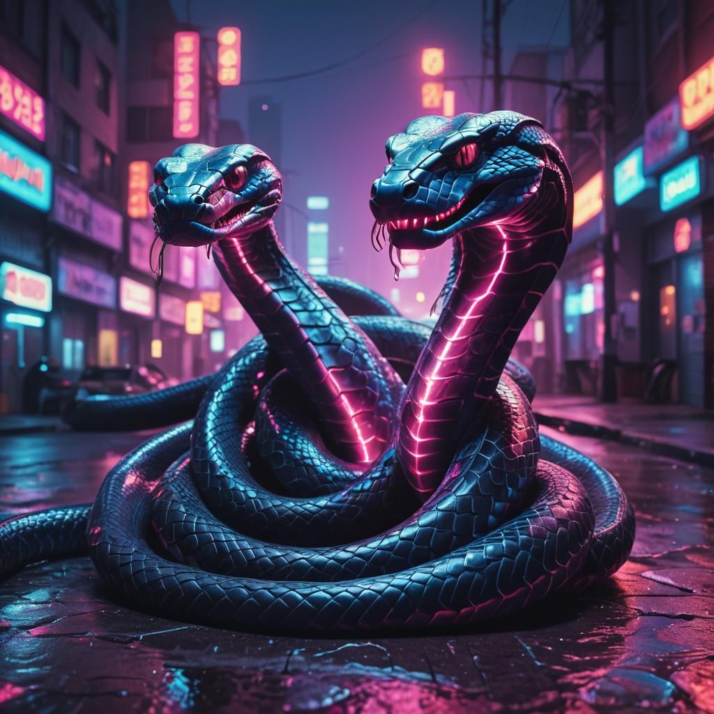 Two-Headed Cobra in Synthwave Neon Cityscape