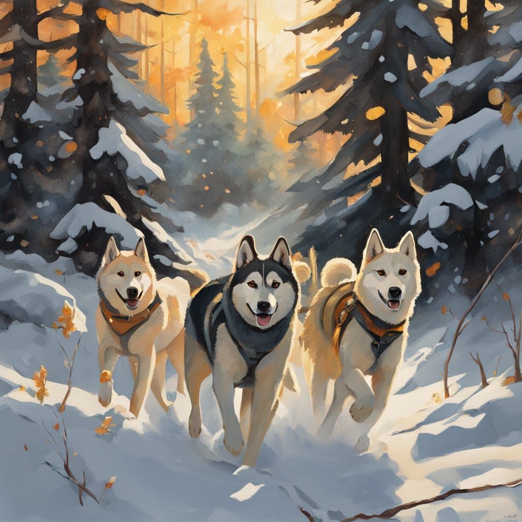 Sled Dogs in Snowy Forest at Golden Hour