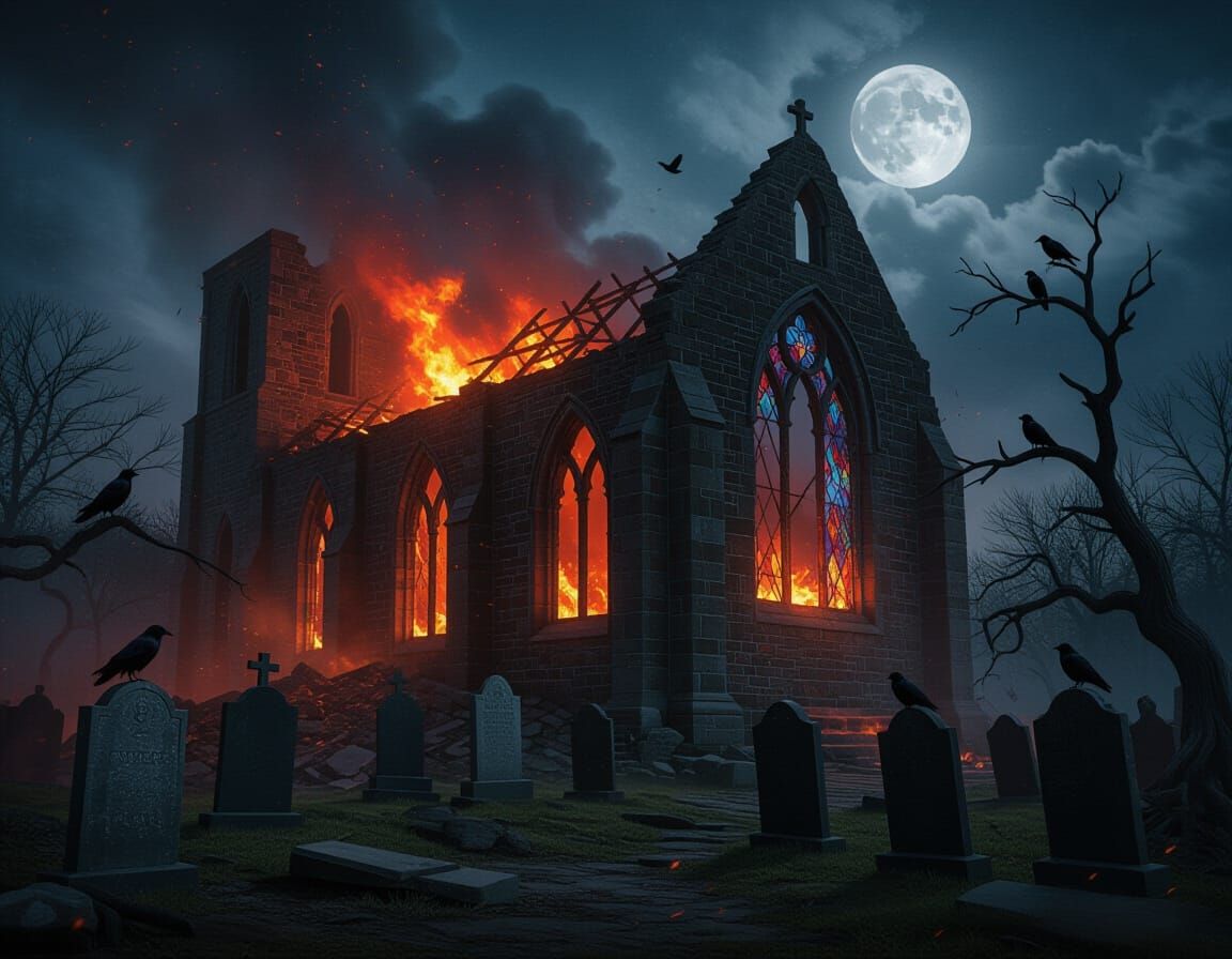 Gothic Church Ruins Ablaze in Moonlit Graveyard