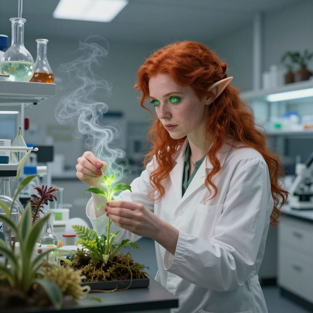Elven Professor Conducts Botany Experiments in Mystical Lab