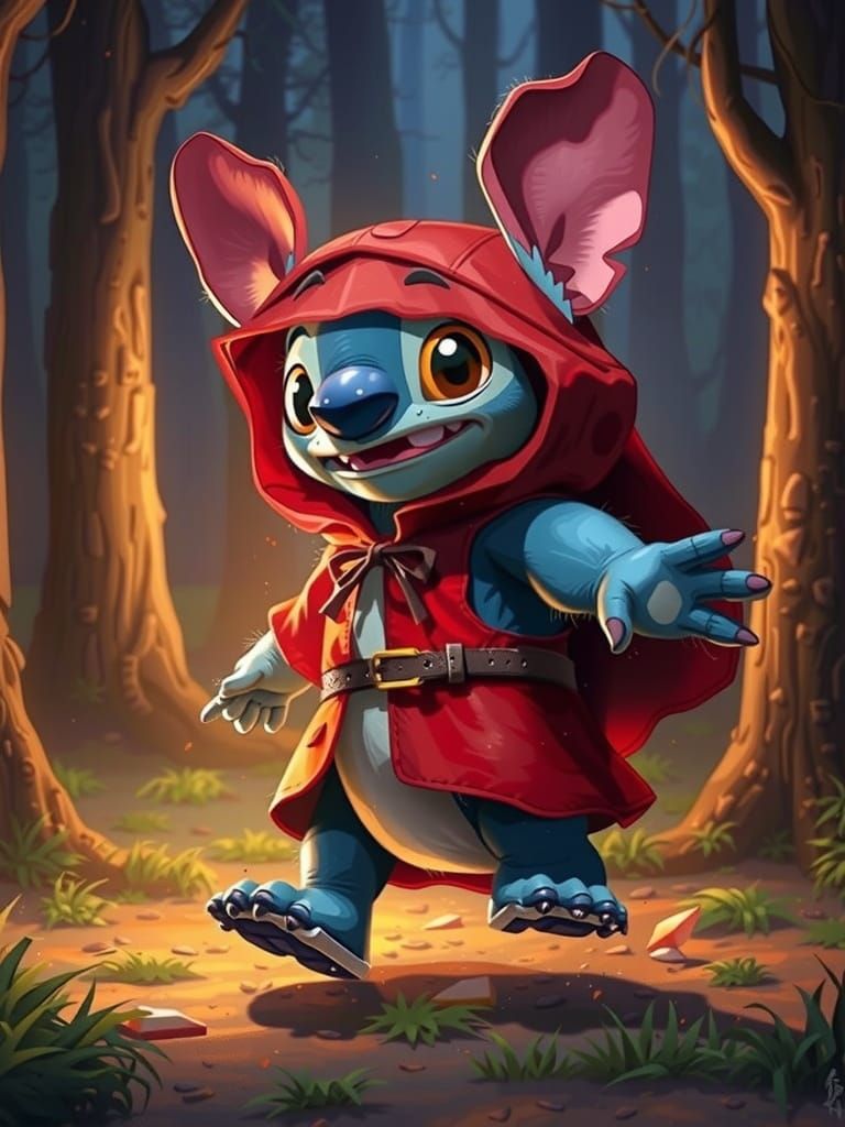 Stitch as Little Red Riding Hood in Golden Hour Light