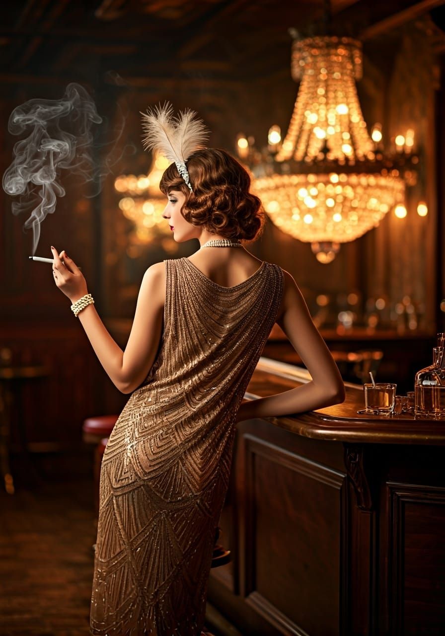 Elegant Flapper in 1920s Speakeasy, Art Deco Style