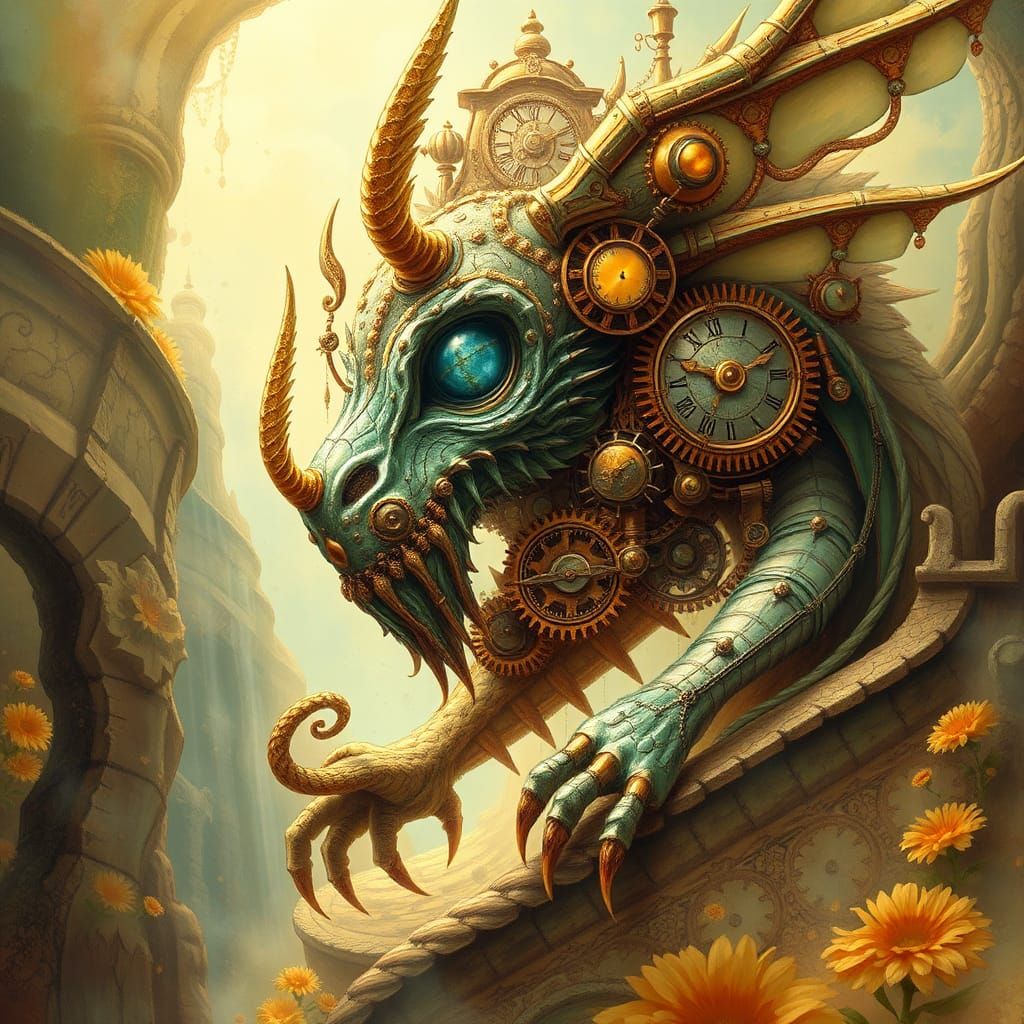Ethereal Steampunk Clockwork Creature in Fantasy Illustratio...