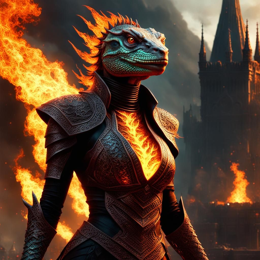 Lizard Woman Pyromancer in Digital Matte Painting