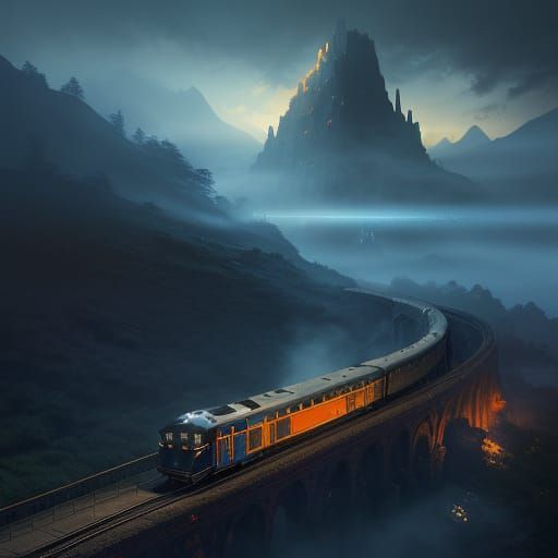 Majestic Train Speeds Through Dreamlike Landscape in Cyberpu...