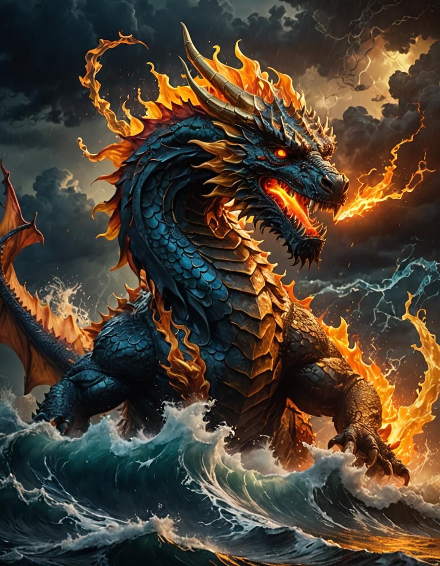 Fiery Dragon Breathing Fire on Stormy Sea