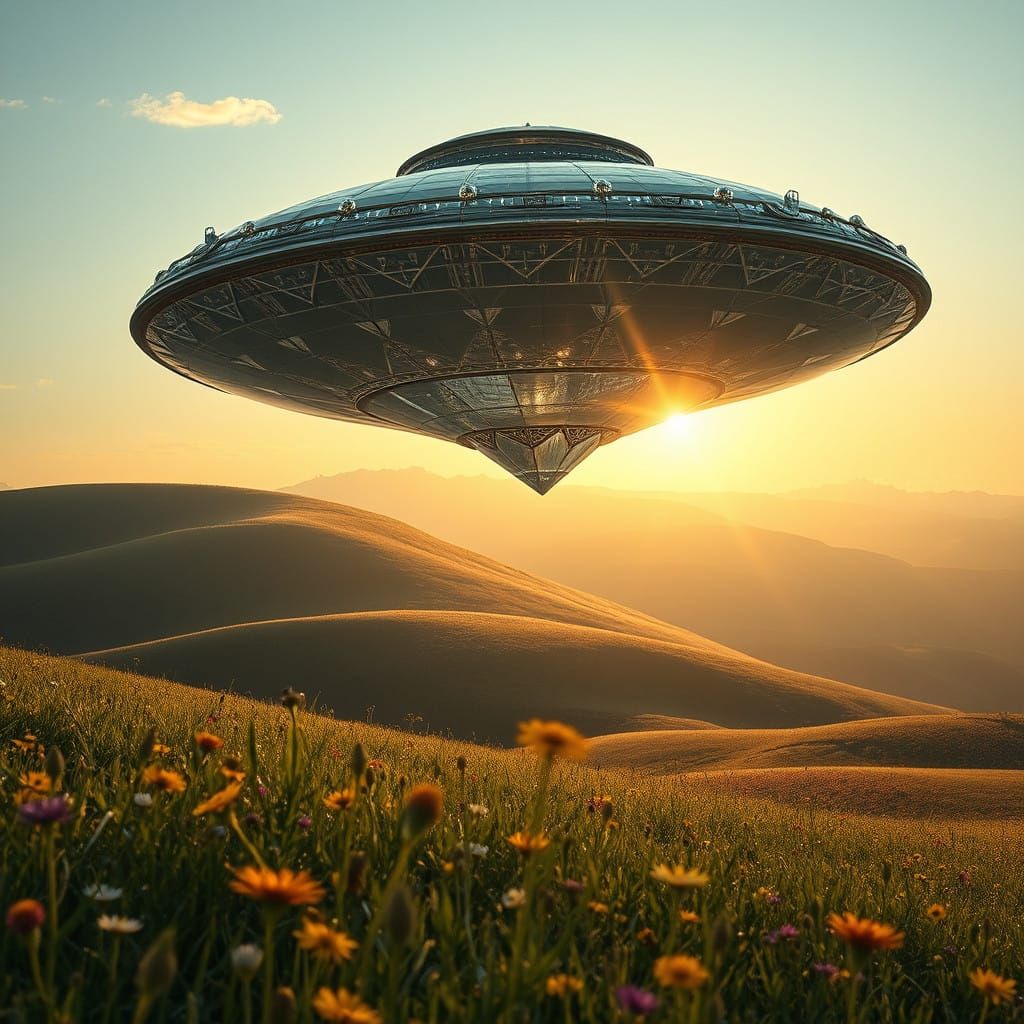 Crystal UFO Emerges in Golden Meadow, Sci-Fi Mystery