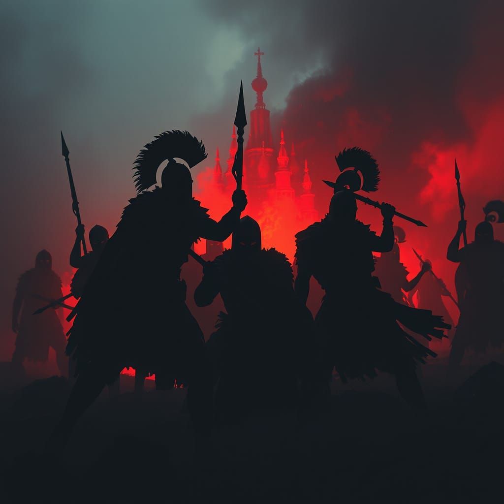 Warriors Engaged in a Dramatic, Shadowy Clash