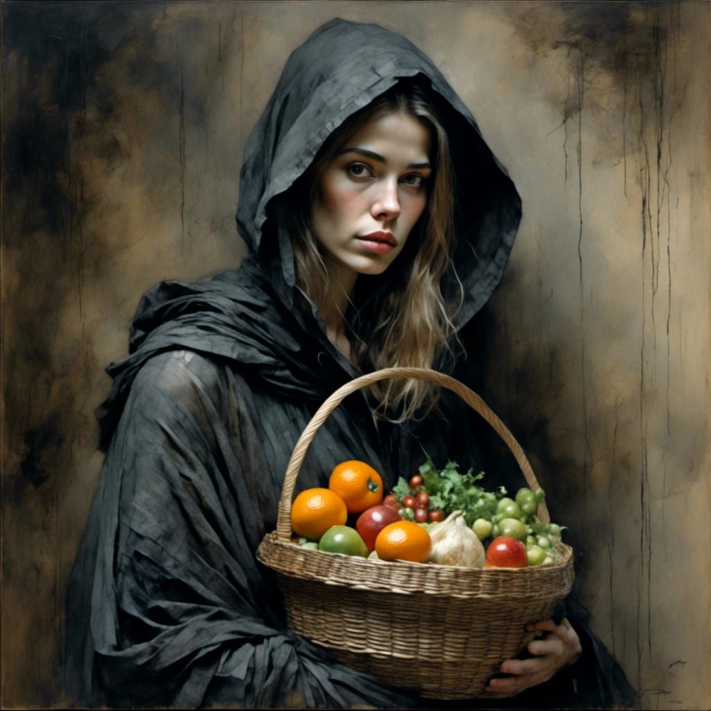 Woman in Cloak: Detailed Charcoal Portrait