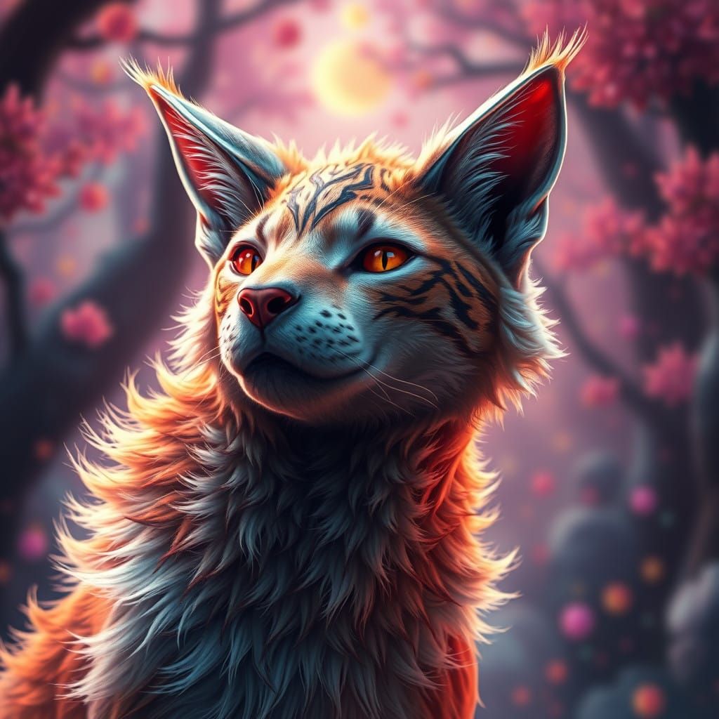 Majestic Feline-Canine Hybrid in Vibrant Fantasy Landscape