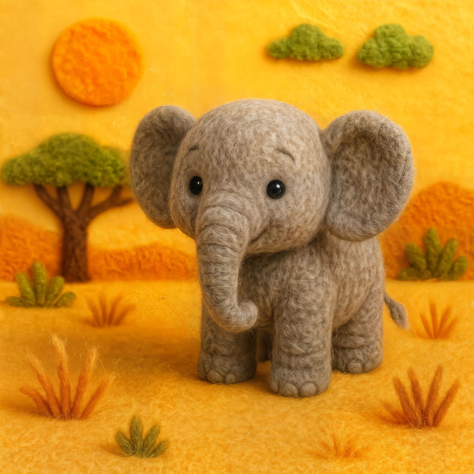 Adorable Felt Elephant in Sunny Safari Scene