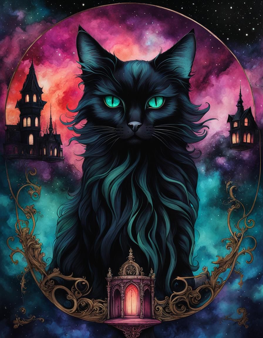 Whimsical Black Cat in Dilapidated Mansion, Alcohol Ink Horr...