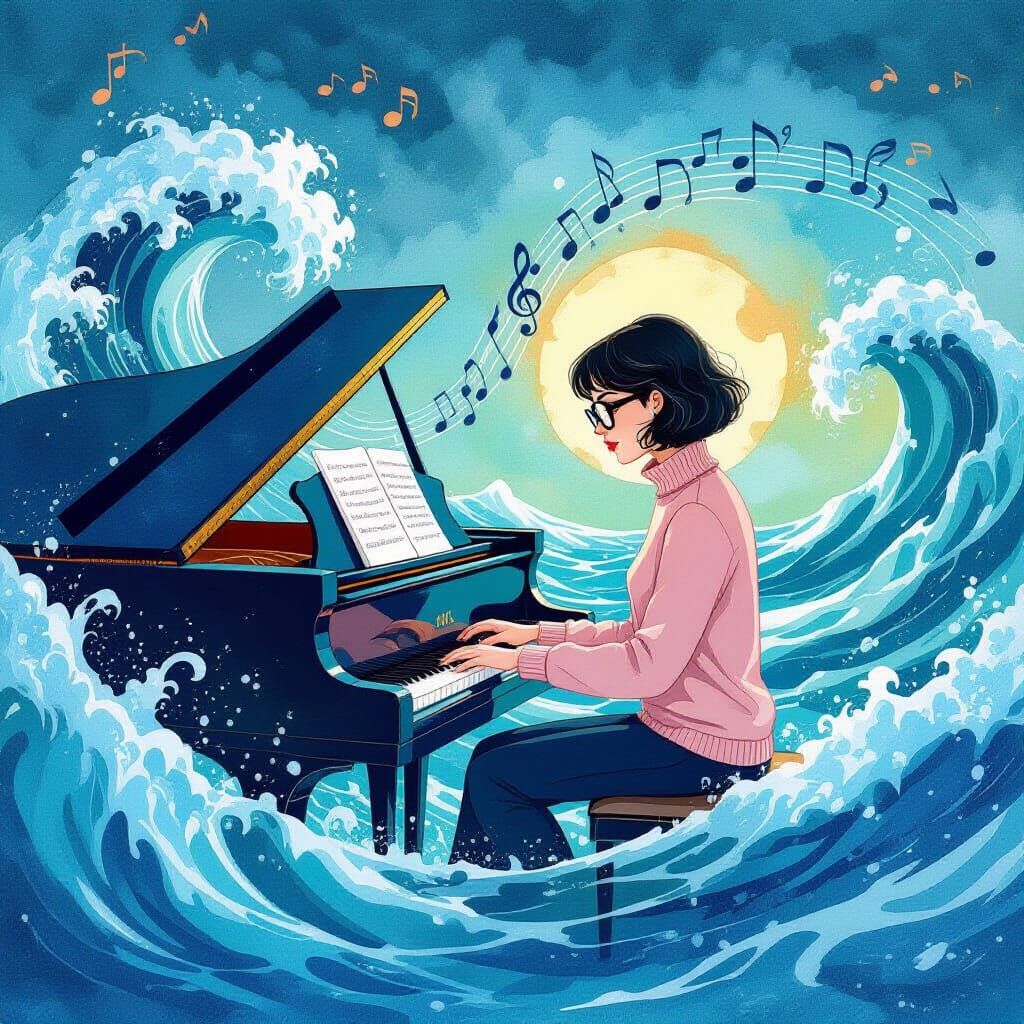 Piano Serenade Above Stormy Seas: Watercolour Gouache