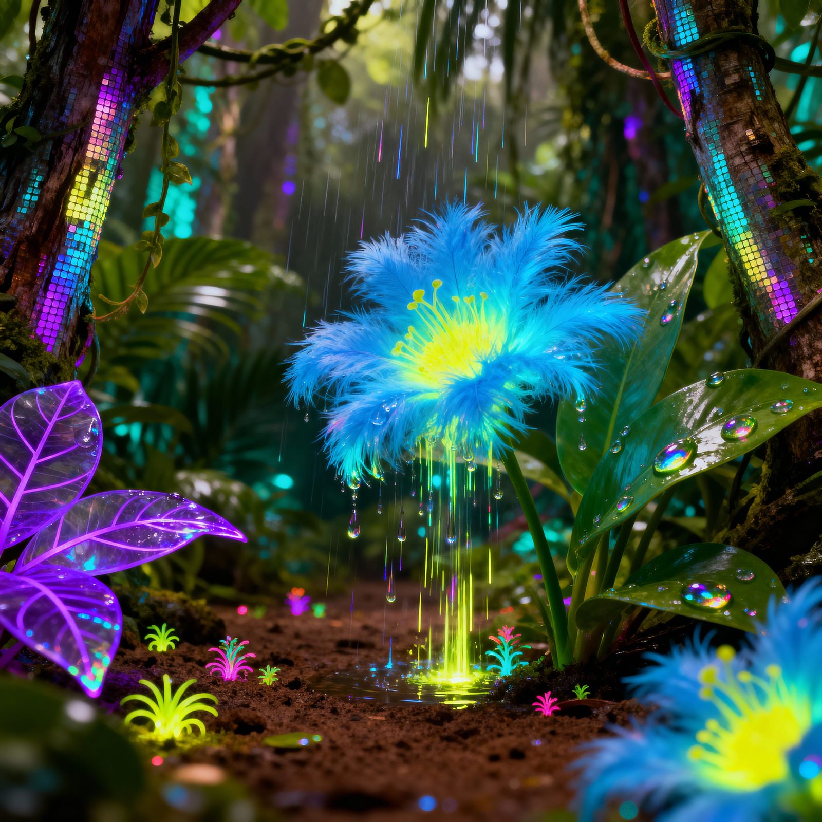 Neon Jungle Feathery Flower in Surreal Dreamscape