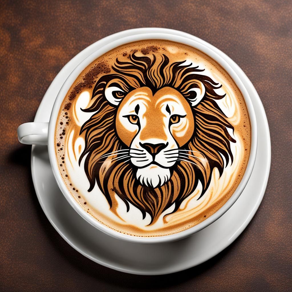 Lion Latte Art in Steaming Coffee Cup