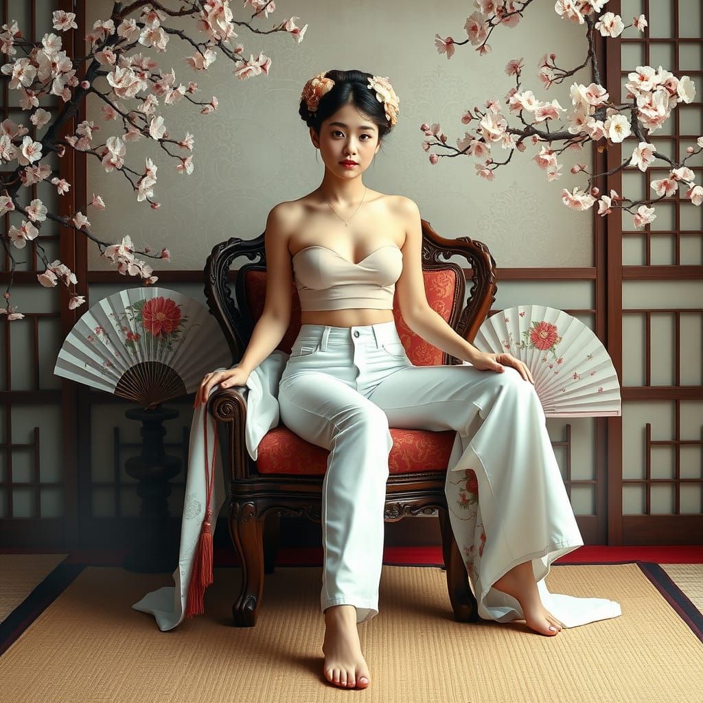 Geisha in Jeans on Ornate Chair Amid Cherry Blossoms