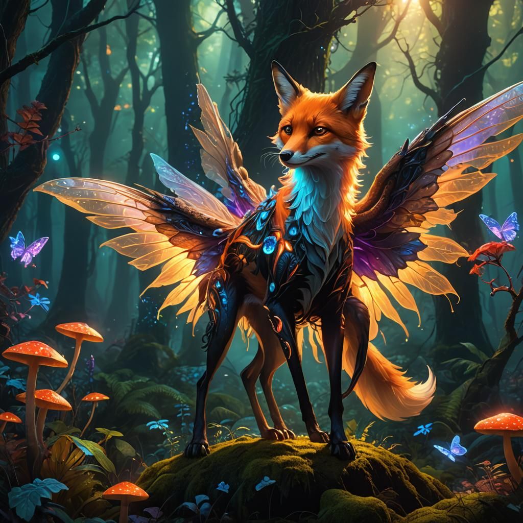 Mystical Fox Creature in Iridescent Forest