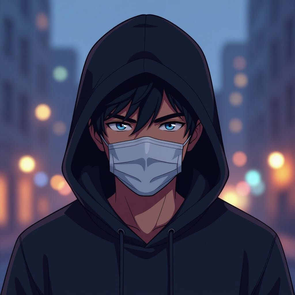 Man in Hoodie and Mask in Moody Urban Setting