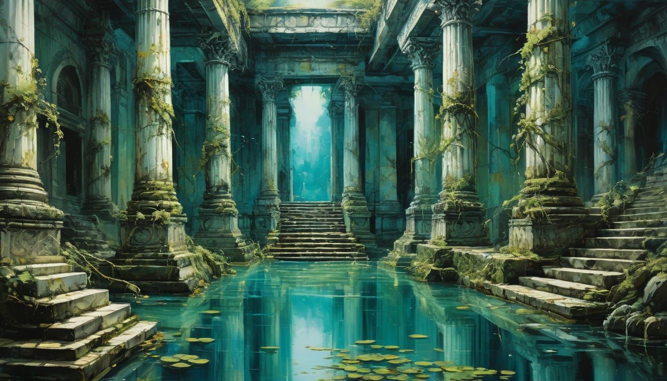 Turquoise Lagoons in Abandoned Temple, Expressive Oil Painti...