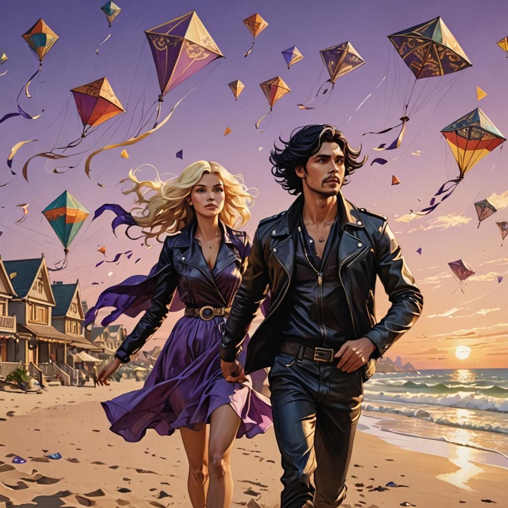 Woman and Man on Beach in Art Nouveau Style