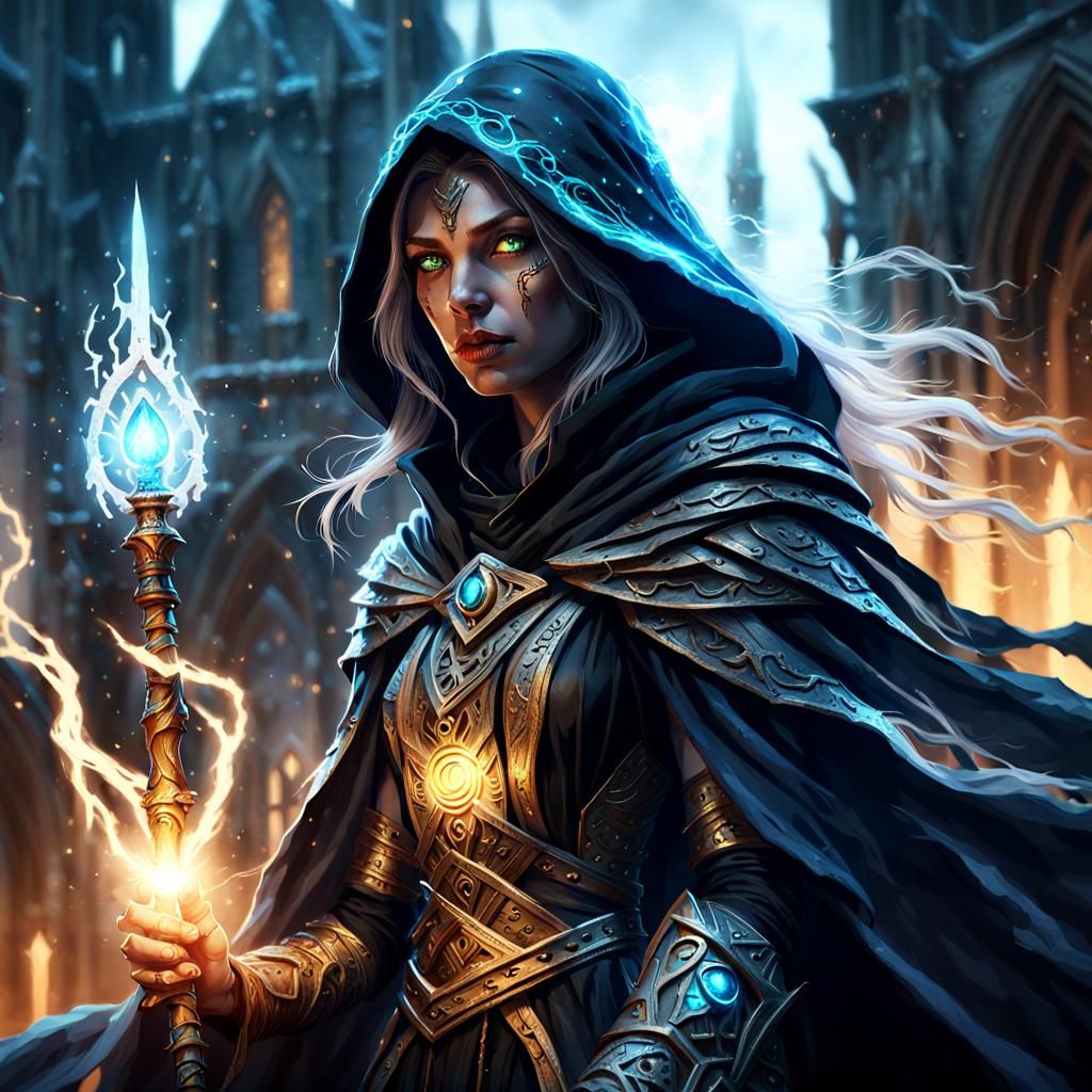 Dark Sorceress in Mystical Cityscape, Dark Fantasy Art