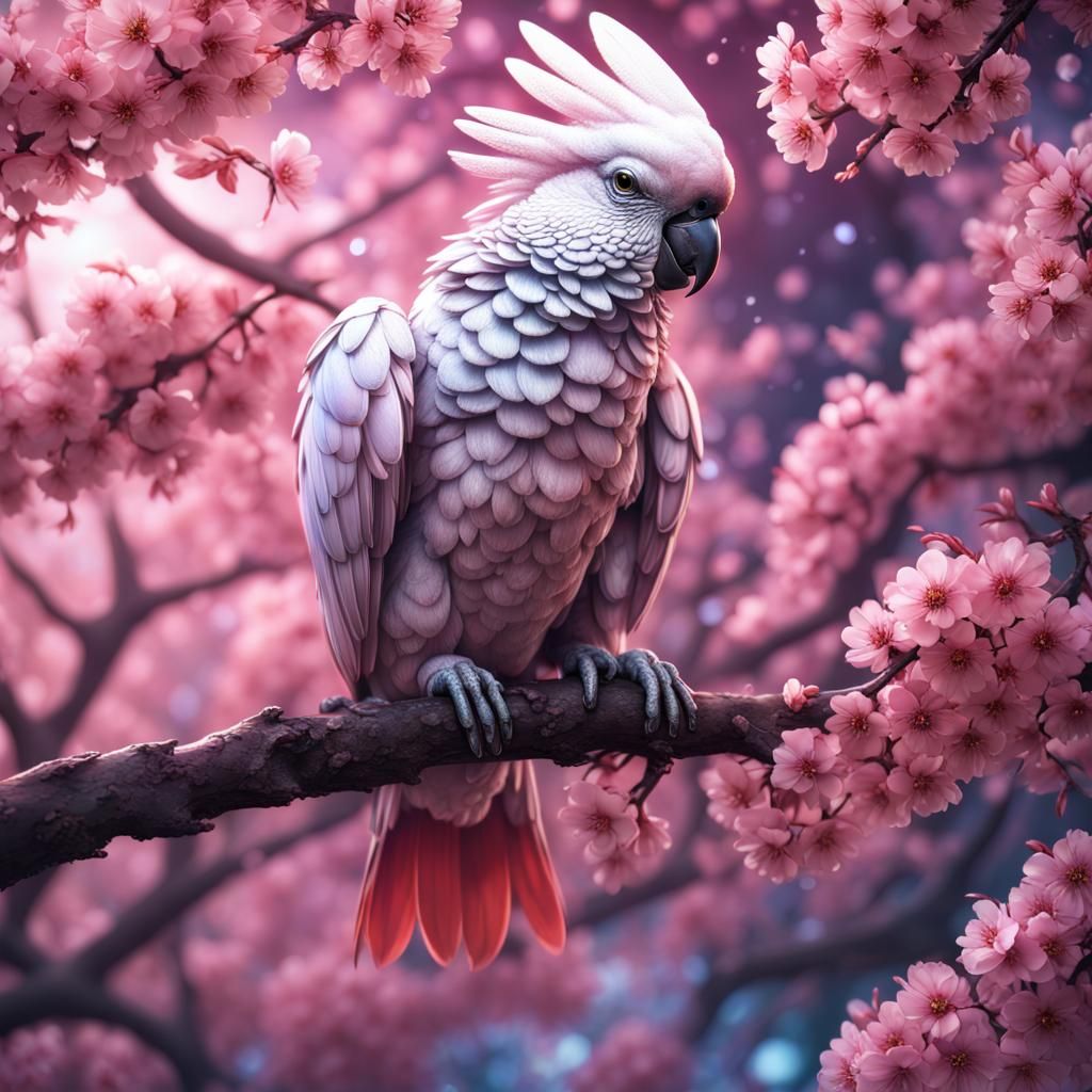 Cockatoo in Sakura Blossoms: 3D Holographic Art