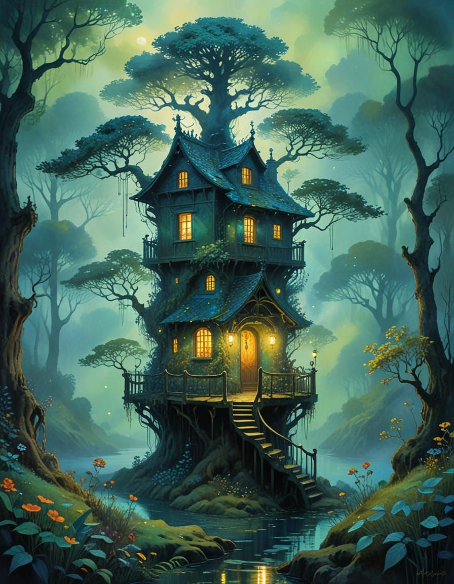 Whimsical Treehouse in a Luminous Forest Gouache Painting