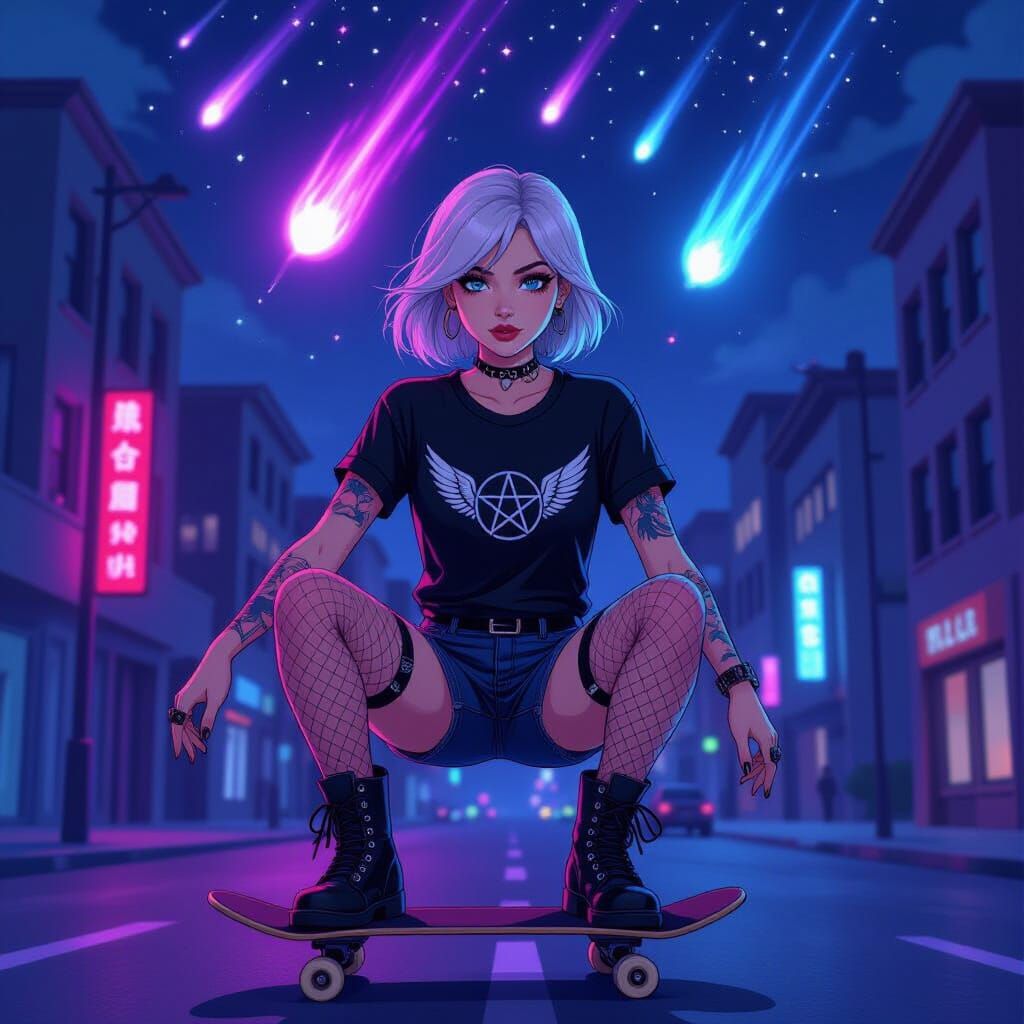 Woman on Skateboard in Surreal Minimalist Cityscape