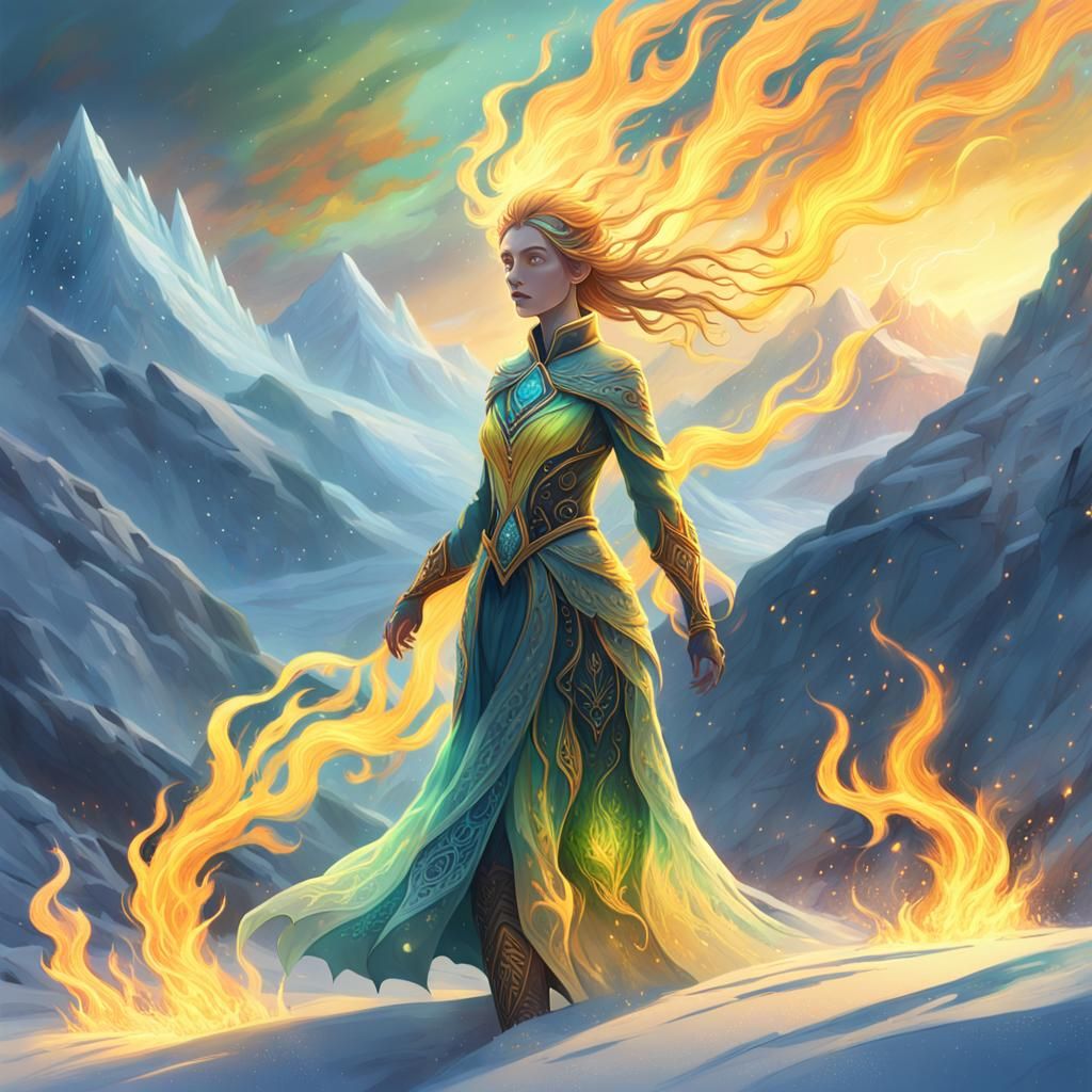 Flame Maiden in Frozen Tundra: Digital Art