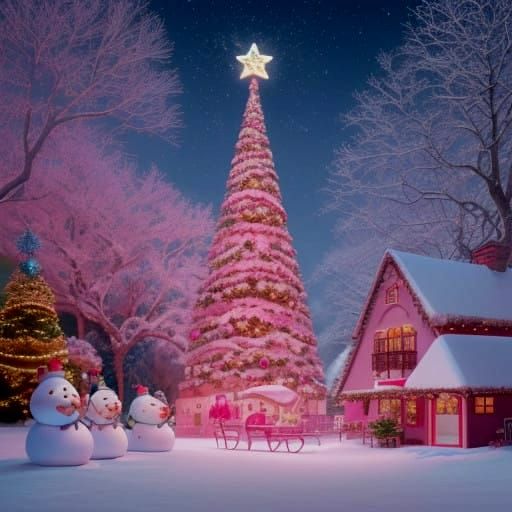 Vibrant Pink Winter Wonderland Scene in Whimsical Style