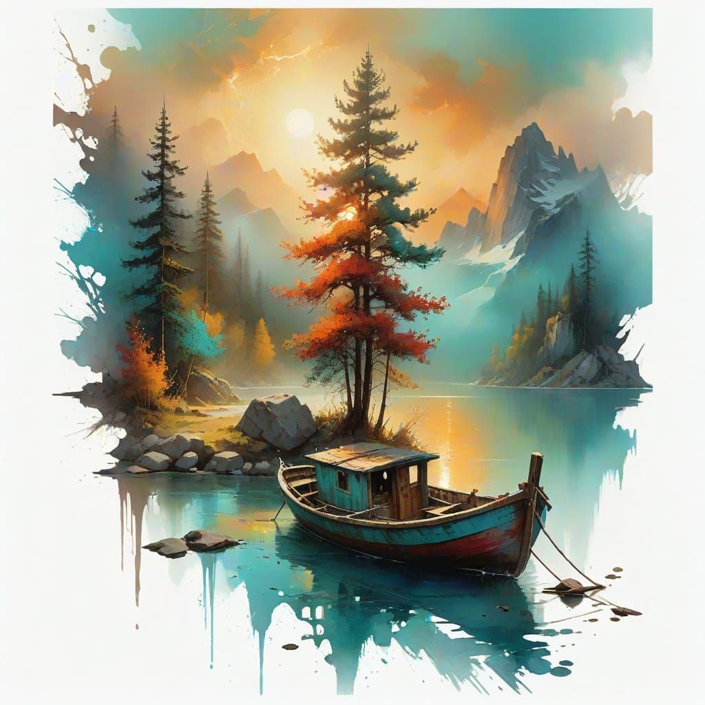 Turquoise Lake Solitude as Watercolor Painting