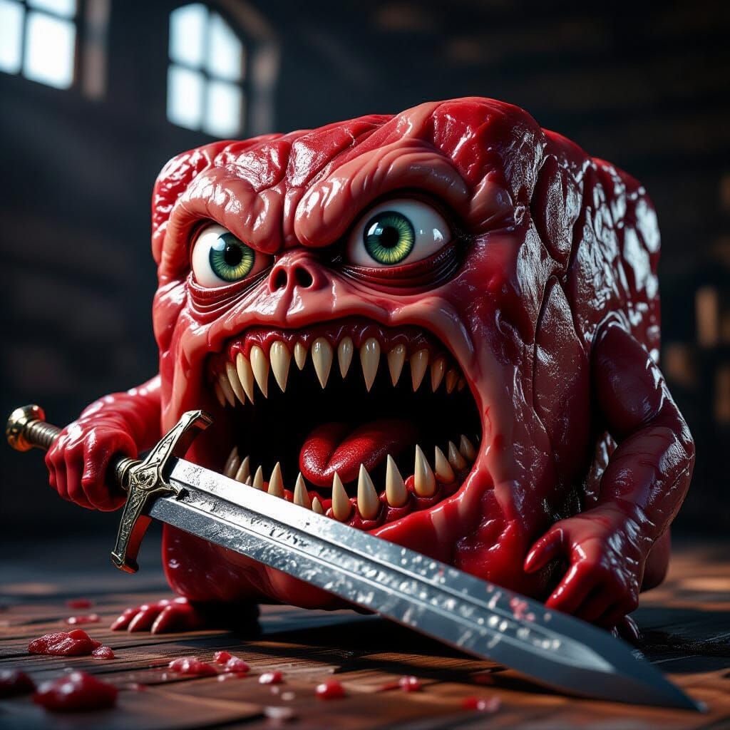Hyperrealistic Meat Cube Monster Holding Sword