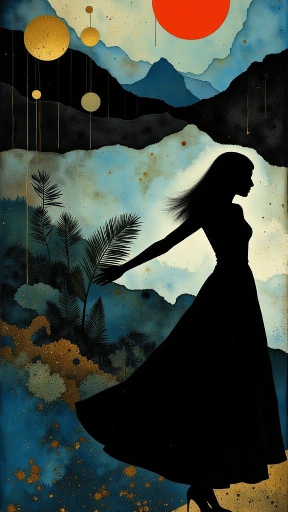 Dreamlike Woman in Copper Iridescence Amidst Monstera Palms