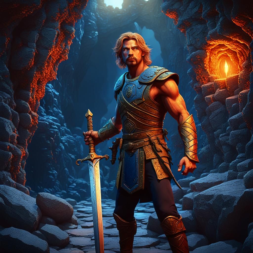 Heroic Warrior at Cave Entrance: Fantasy Art