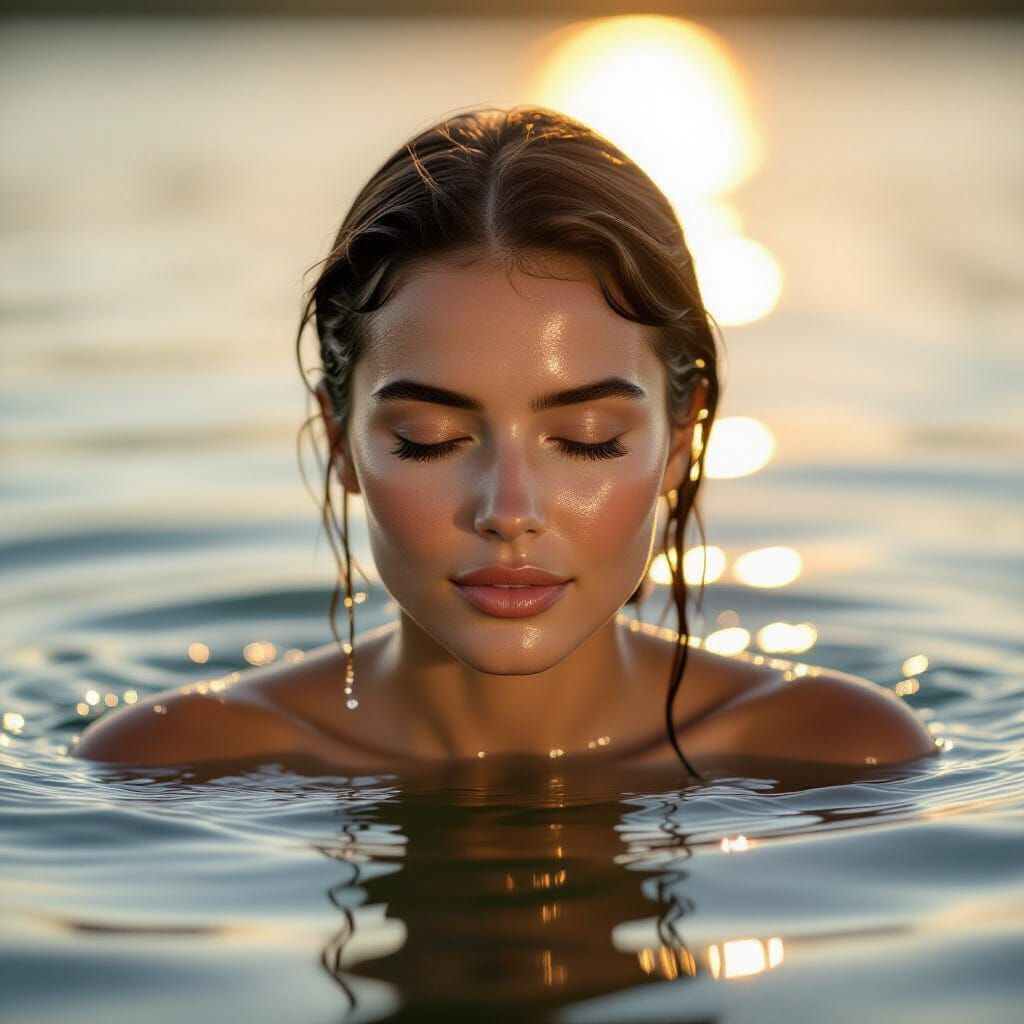 Hyperrealistic Woman Emerges From Lake at Golden Hour