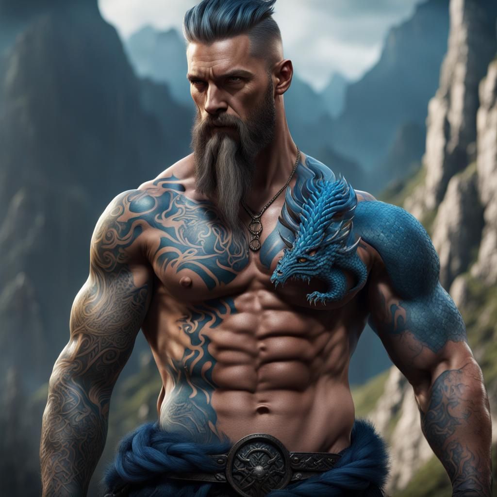 Muscular Viking Warrior with Dragon in the Background