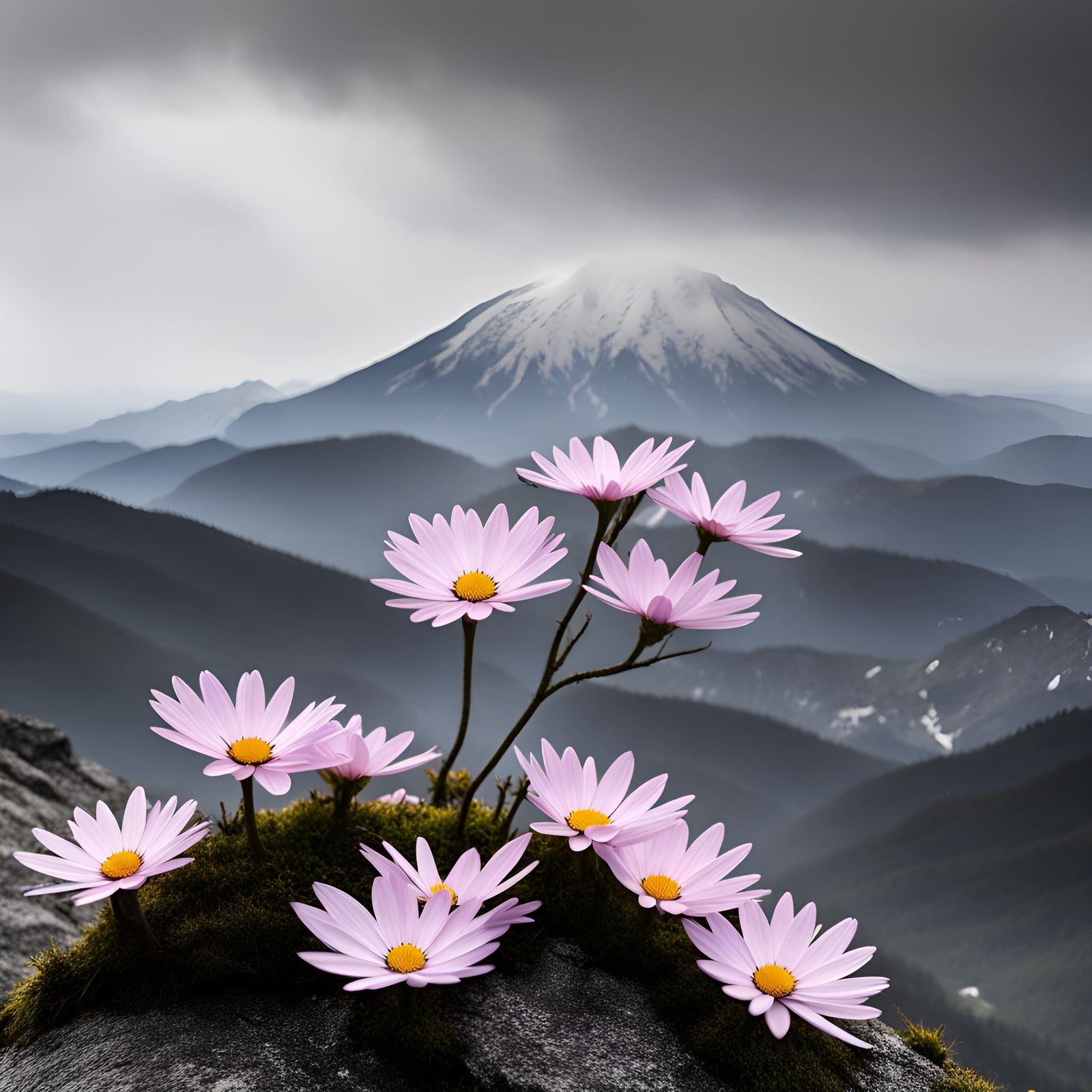 Daisugi Tree on Grayscale Mountain Backdrop