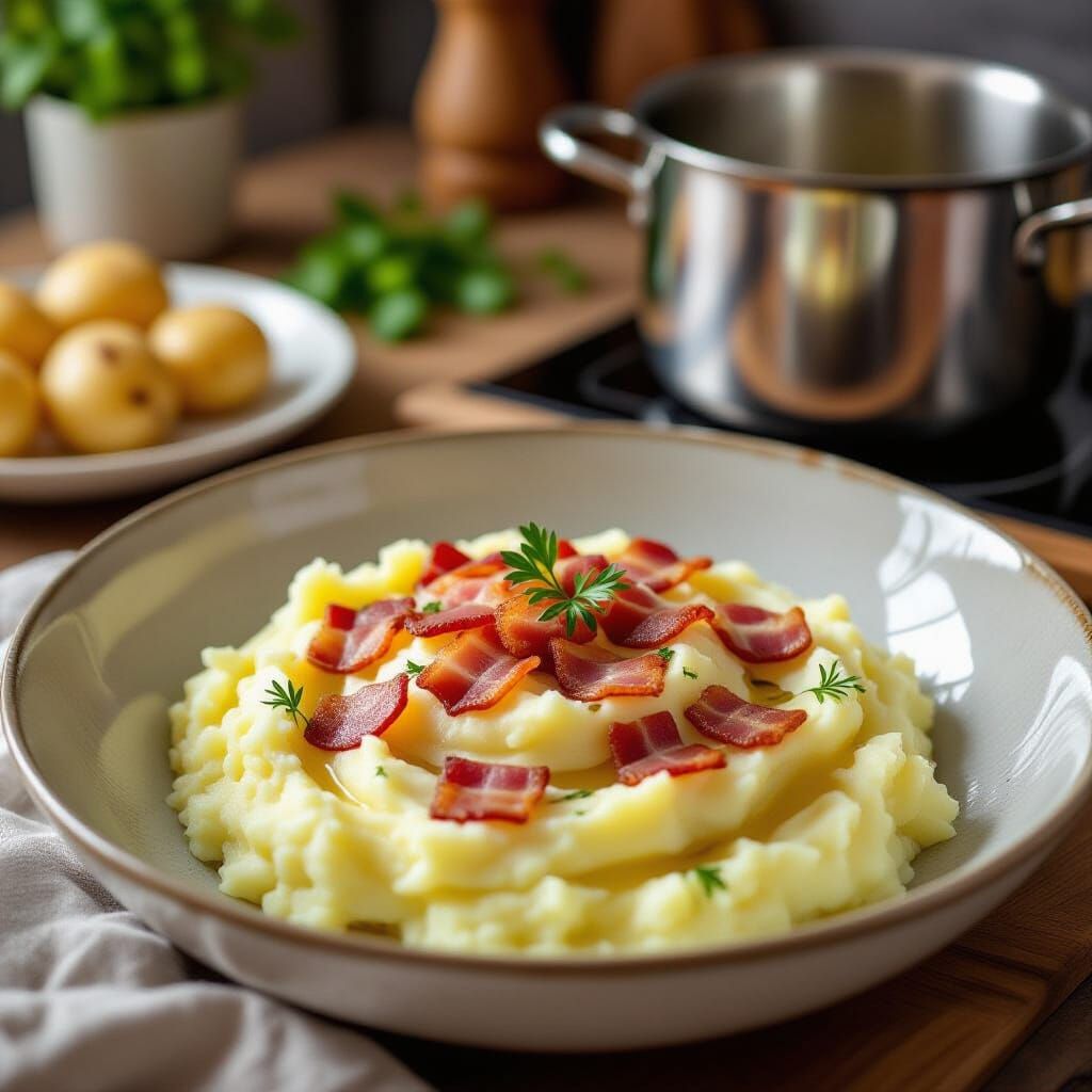Gourmet Mashed Potatoes with Bacon in Bright Kitchen