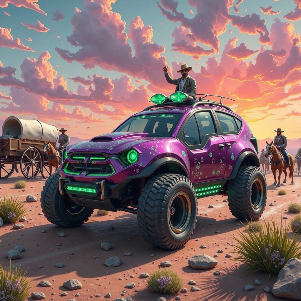 Futuristic Vehicle and Cowboy Wagon Train in Sci-Fi Style