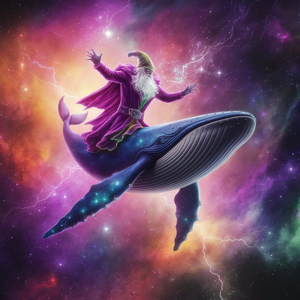 Epic Cosmic Wizard Soars on Majestic Galactic Whale